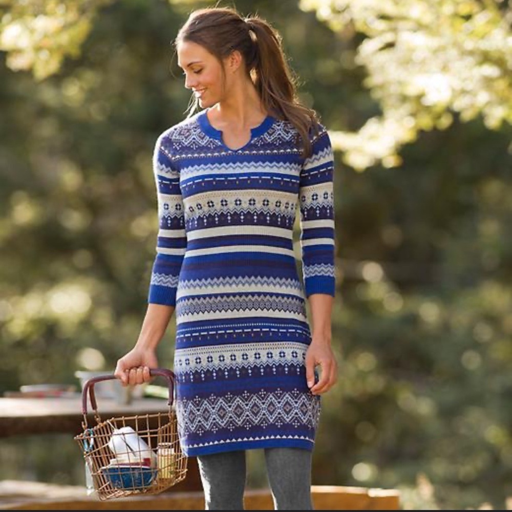 Athleta Fara Fair Isle Blue Knit 3/4 Sleeve Sweater Dress Size XS
